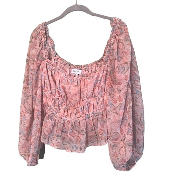 ACOA Pink Floral Crop Puff Sleeve Peplum Elastic Blouse Top Sz M Romantic - Picture 1 of 7